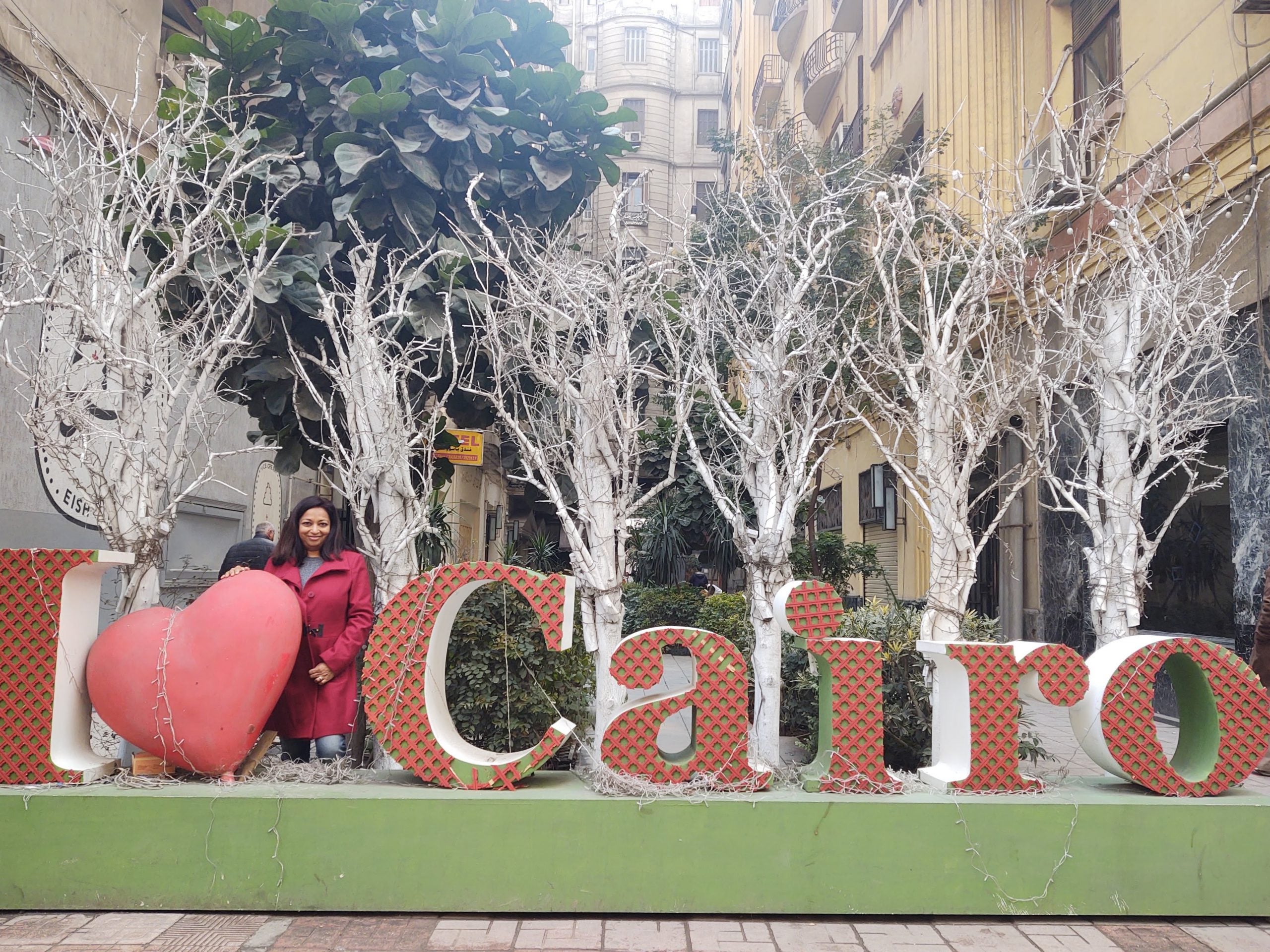 Agrawal stands in front of an "I love Cairo" sign.