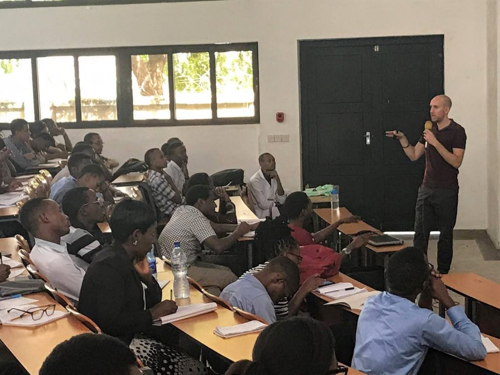 English Language Fellow Tyler Theyerl teaching Communication Skills 100, a required class for all first-year students at Muhimbili University of Health and Allied Sciences