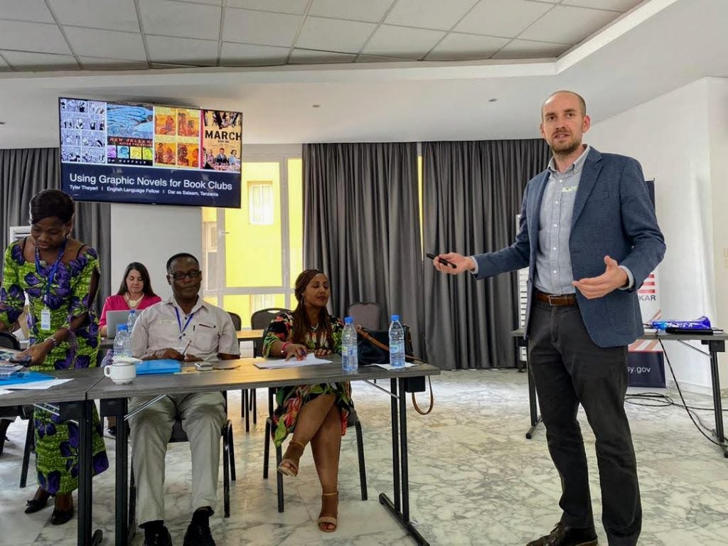 English Language Fellow Tyler Theyerl sharing experiences using graphic novels in the classroom with Access teachers from across Africa at ELF Midyear in Dakar, Senegal. 