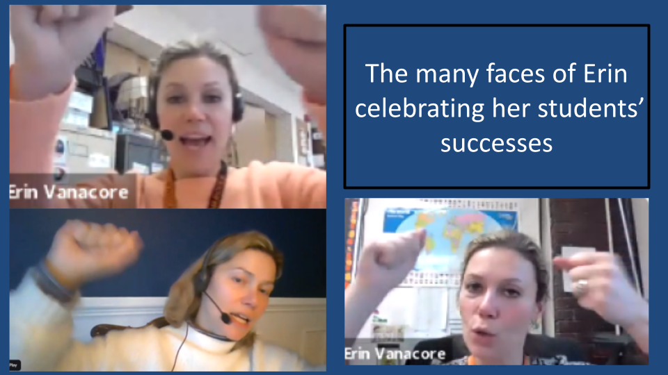 Webcam shots of the many faces of Erin Vanacore cheering on her students