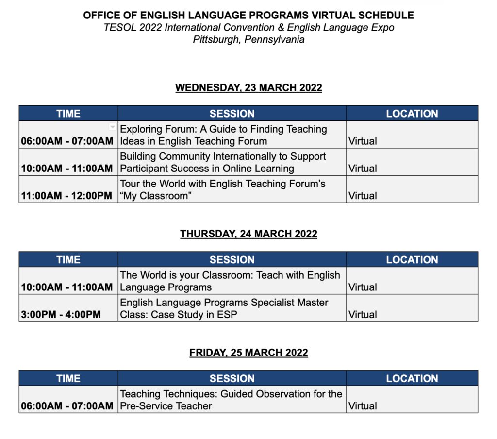 Office of English Language Programs Virtual Schedule - TESOL 2022