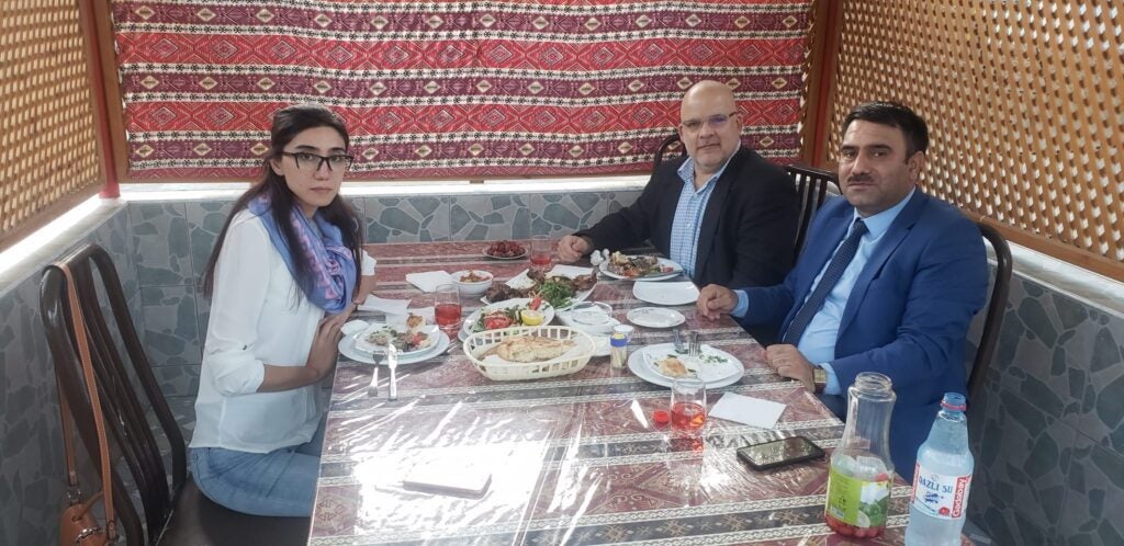 Specialist Stephen Sadlier at dinner in Azerbaijan