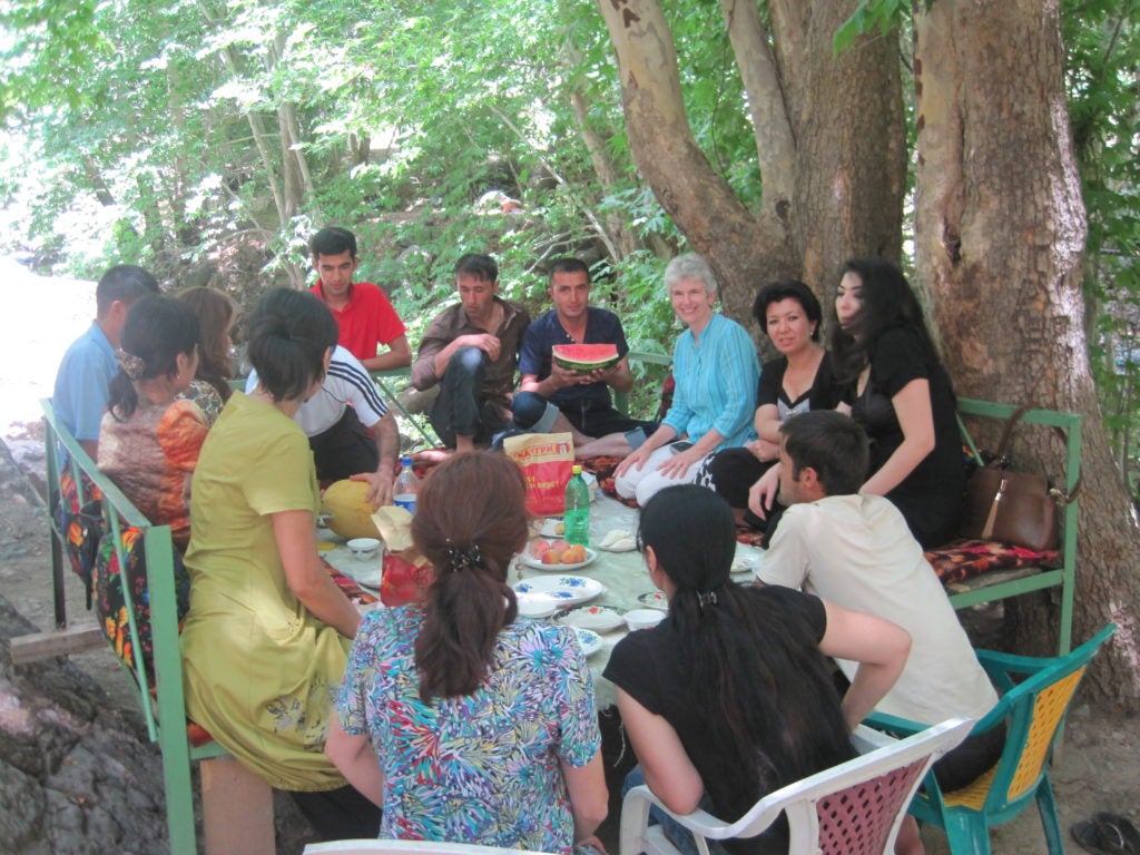 Specialist Kitty Purgason with participants in Tajikistan