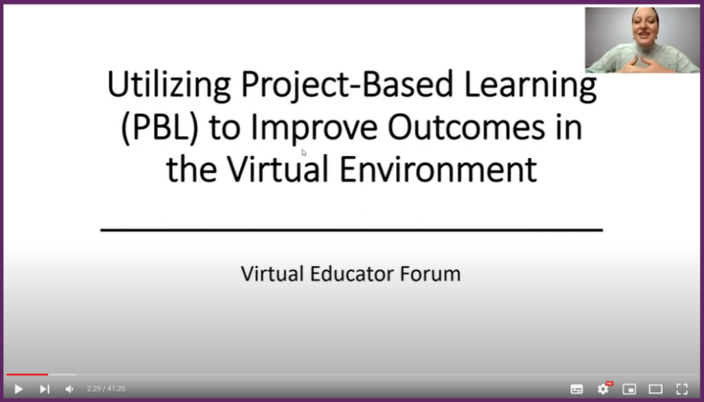 A screenshot from the title slide of a presentation on project-based learning in the virtual environment that includes thumbnail image of presenter Ashley Stamper