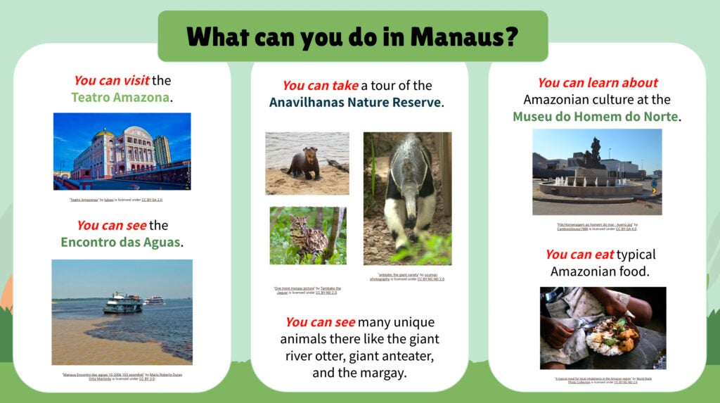 A learning task slide that highlights with the target question "What can you do in Manaus?" There are photos of Manaus, located in the Amazon, with possible responses to the target question.
