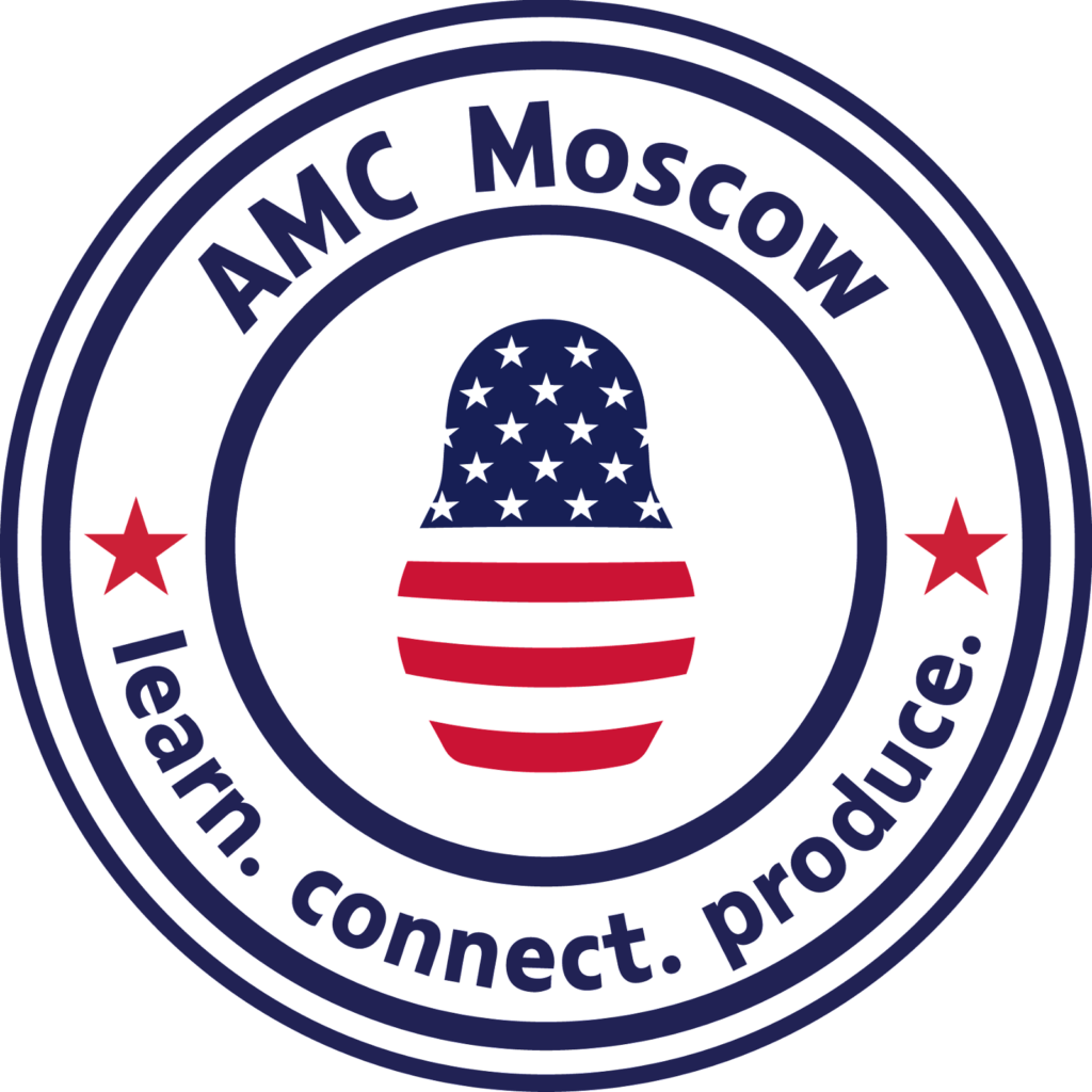 A logo for AMC Moscow that features the tagline "learn. connect. produce."