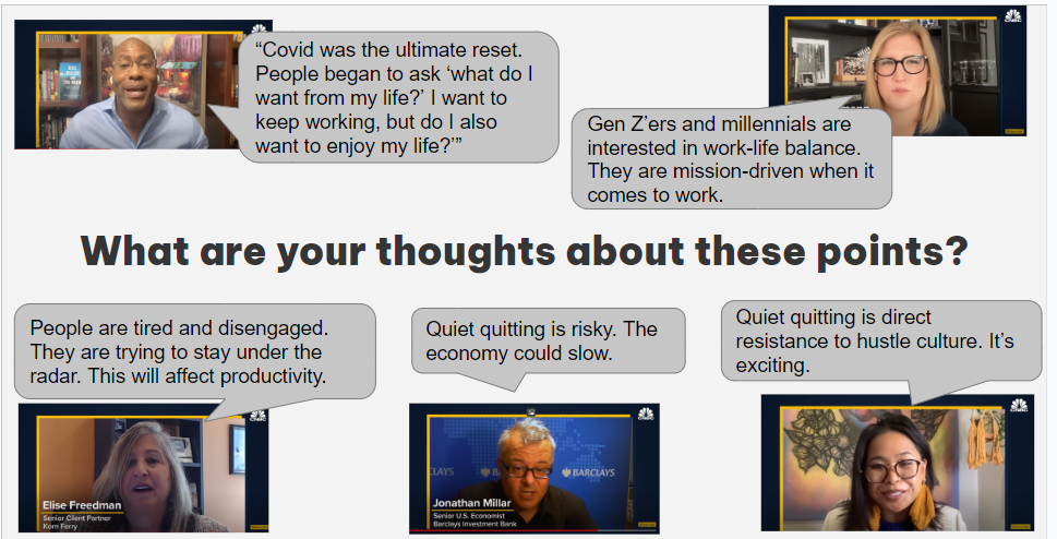 A slide that features thumbnails of 5 speakers asking discussion based questions on 5 trendy topics with the heading "What are your thoughts about these points?"