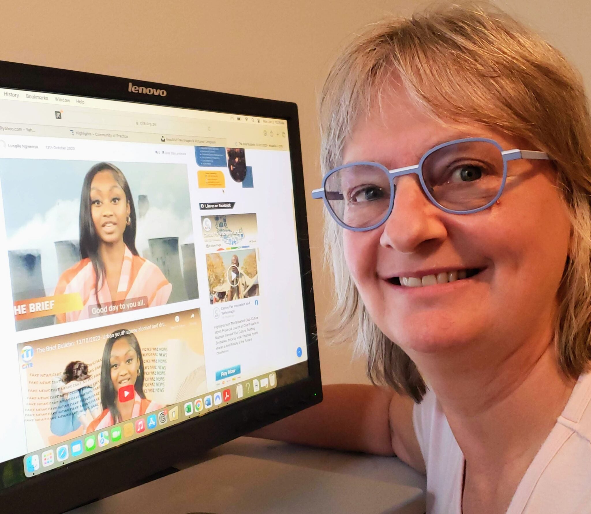 A closeup of a Virtual Educator and the educational content on her computer screen.